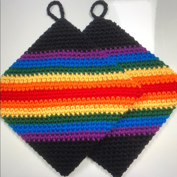 yarn hot off the hook Other - Rainbow cotton potholders hand crochet set of 2